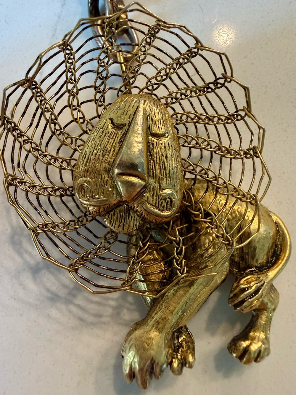 Vintage Gold Tone Lion Pendant with Brass Chain